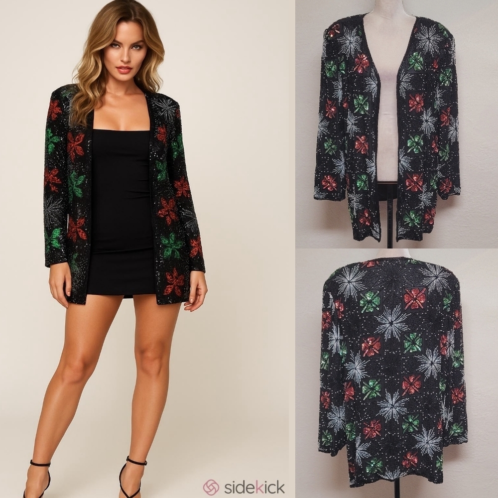 Silhouettes Vintage 80s Silk Beaded Sequin Holiday Clover Floral Star Cardigan